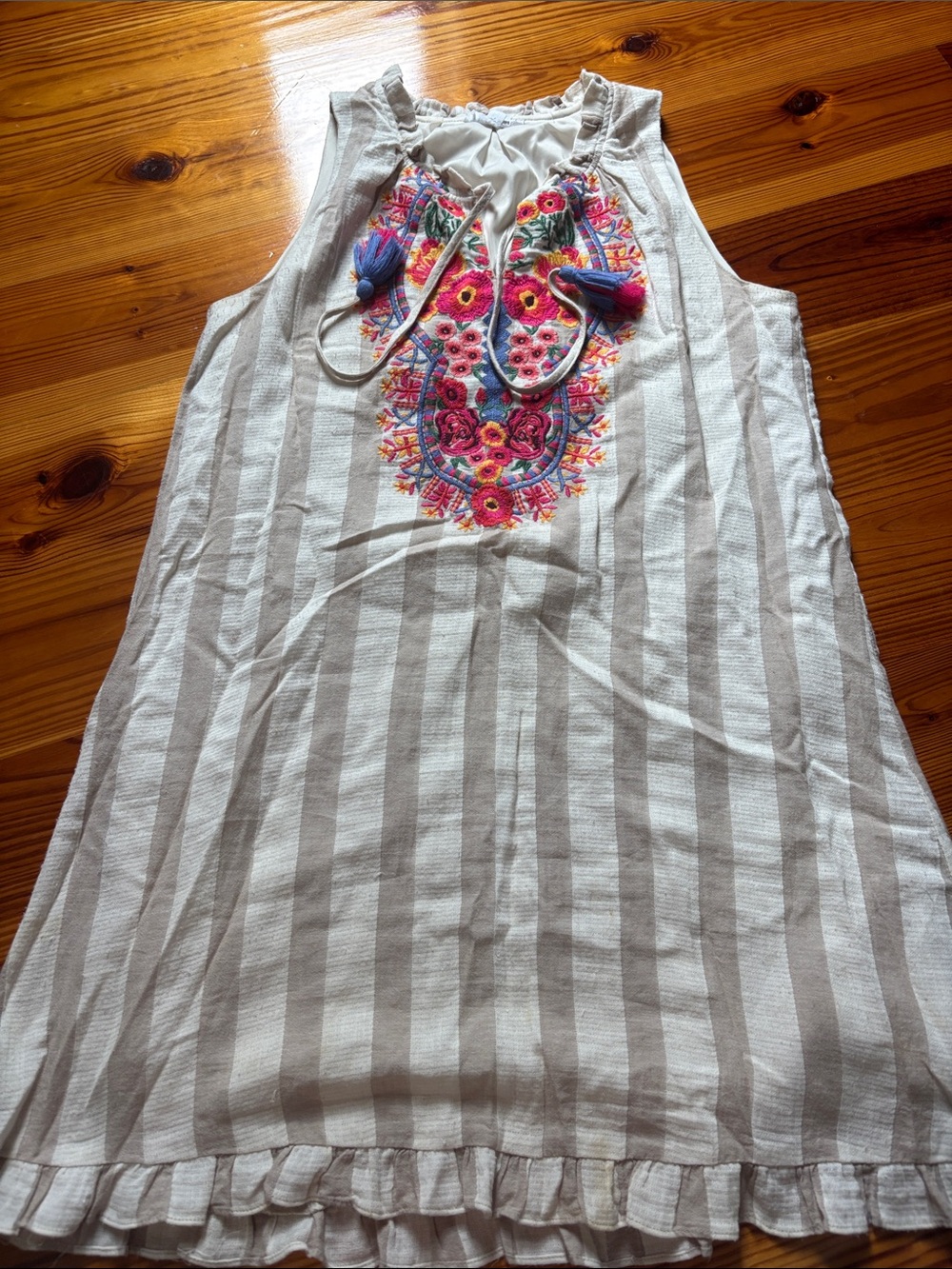 Striped Embroidered Tunic Dress in White & Taupe with Colorful Floral Embroidery